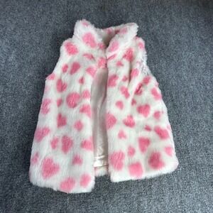 Max Studio Kids Pink White Heart Faux Fur Vest Girls Size M 7-8 Plush Sleeveless